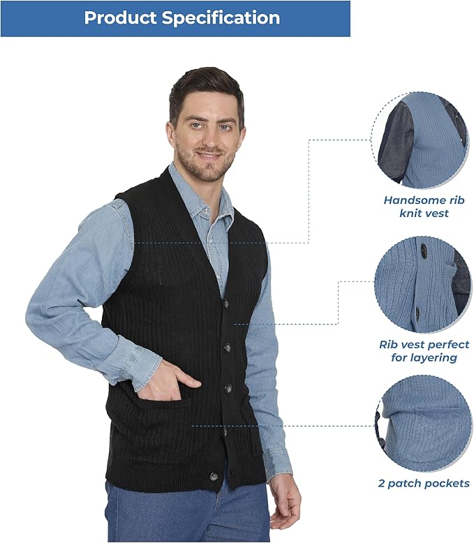 Men's Button Front Rib Knit Sweater Vest with Pockets — Relaxed Fit