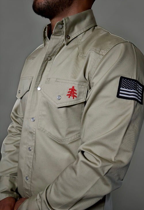 FR Western Style Pearl Snap - Khaki - With U.S Flag