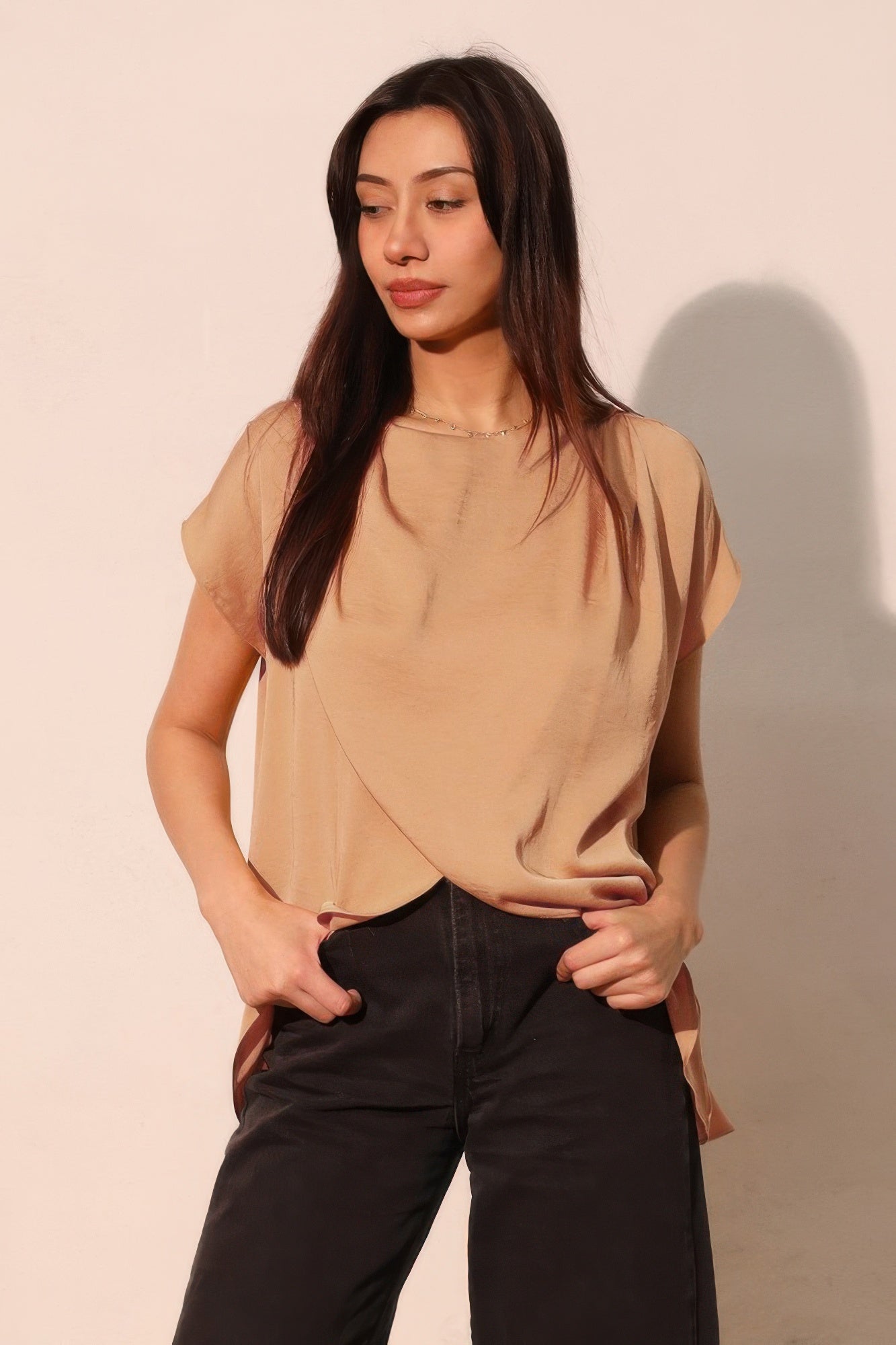 Washed Poly Silk Tulip Tunic Top