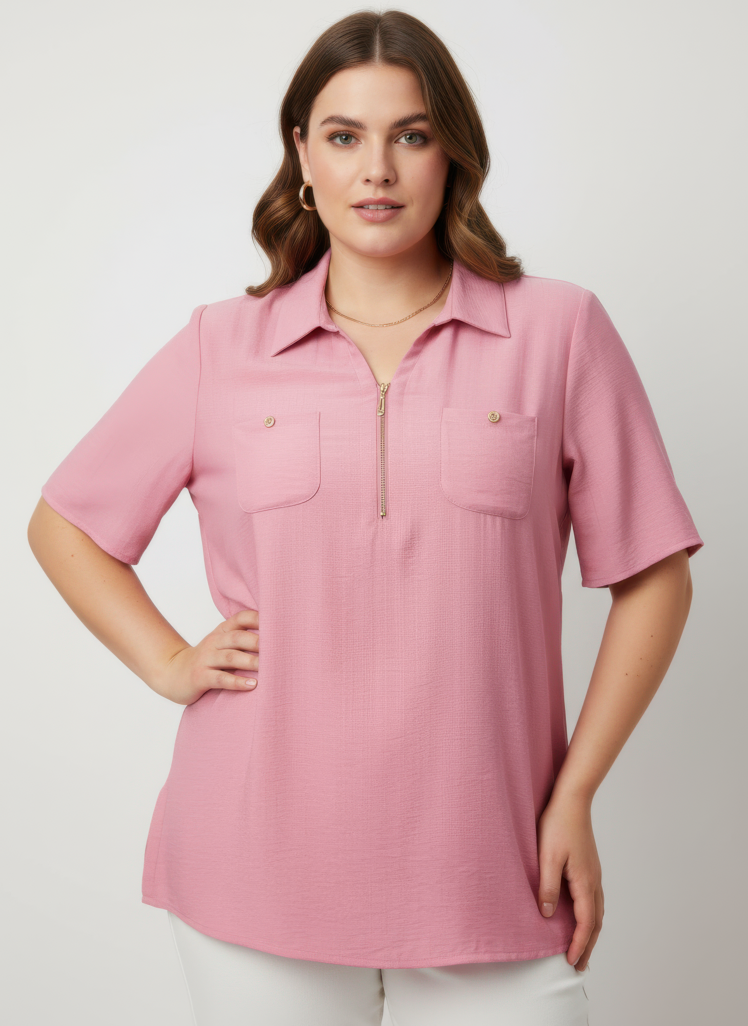 Zip-front Collared Utility Knit Top