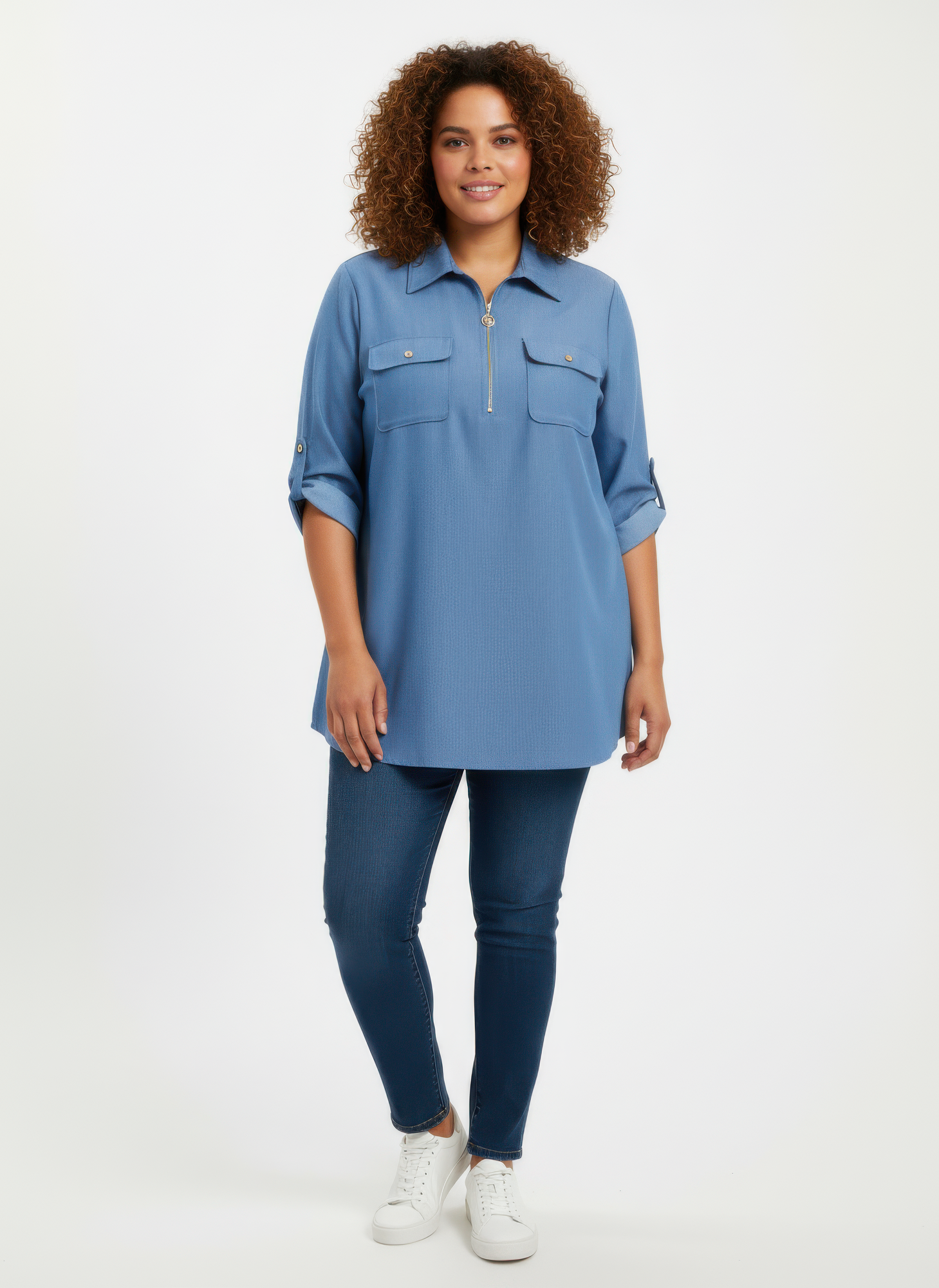 Zip Front Utility Pocket Tunic Blouse