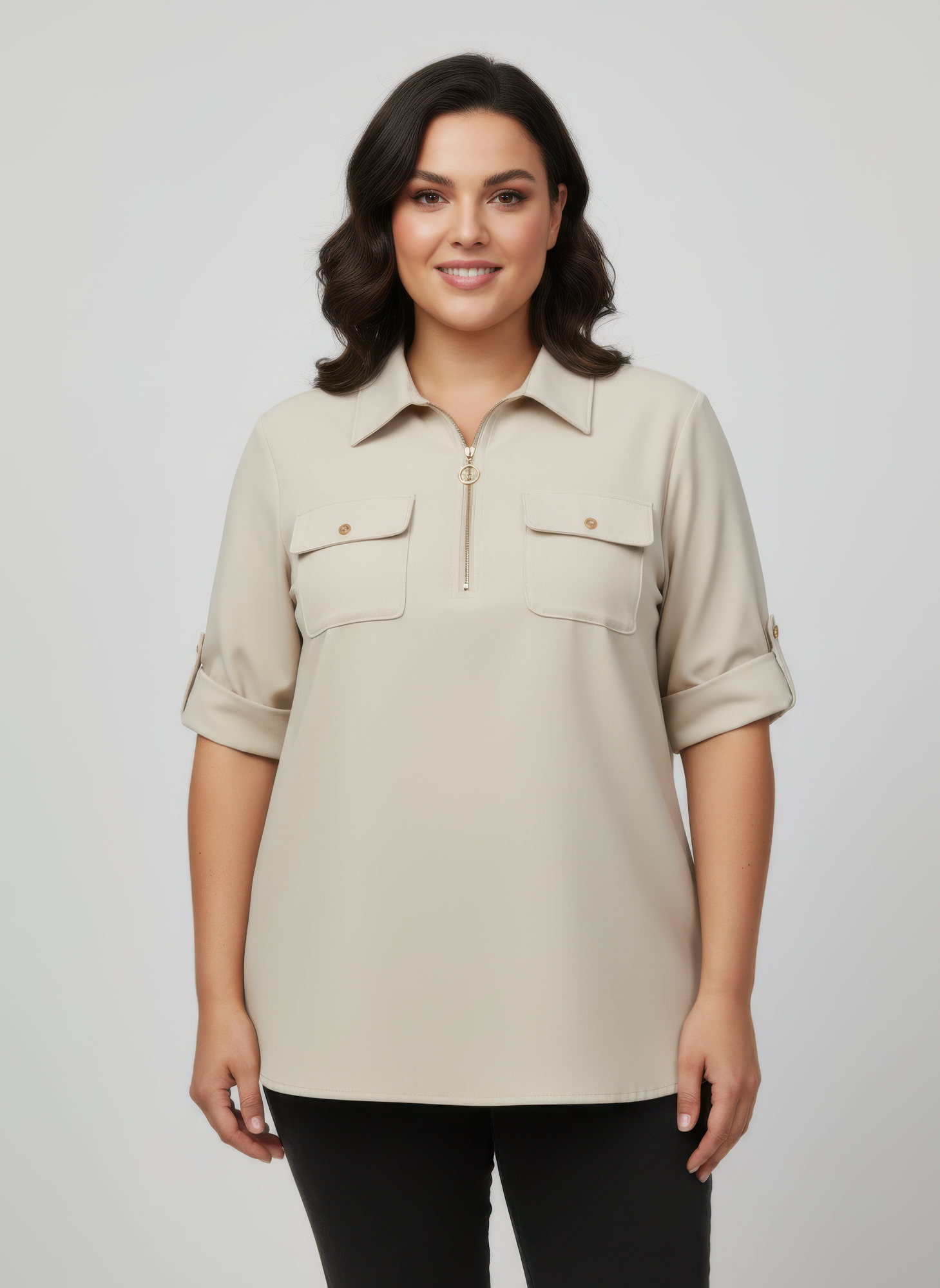 Zip Front Utility Pocket Tunic Blouse