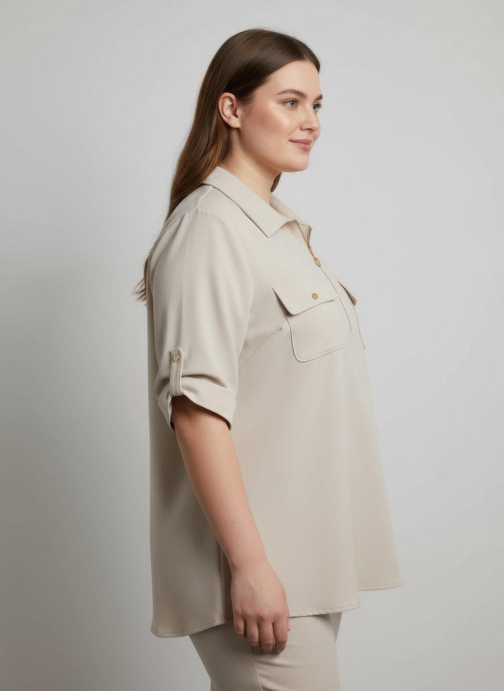Zip Front Utility Pocket Tunic Blouse