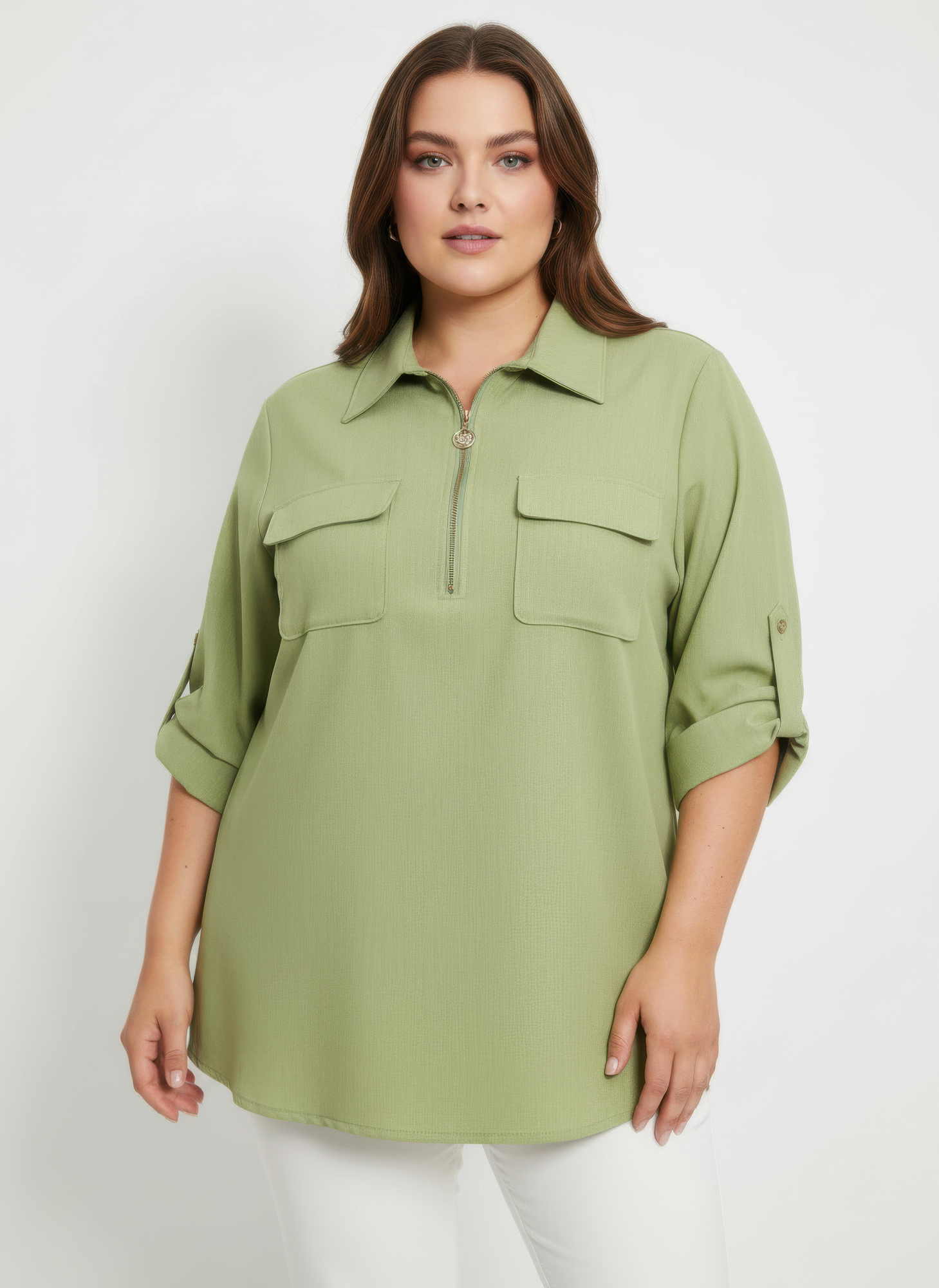 Zip Front Utility Pocket Tunic Blouse