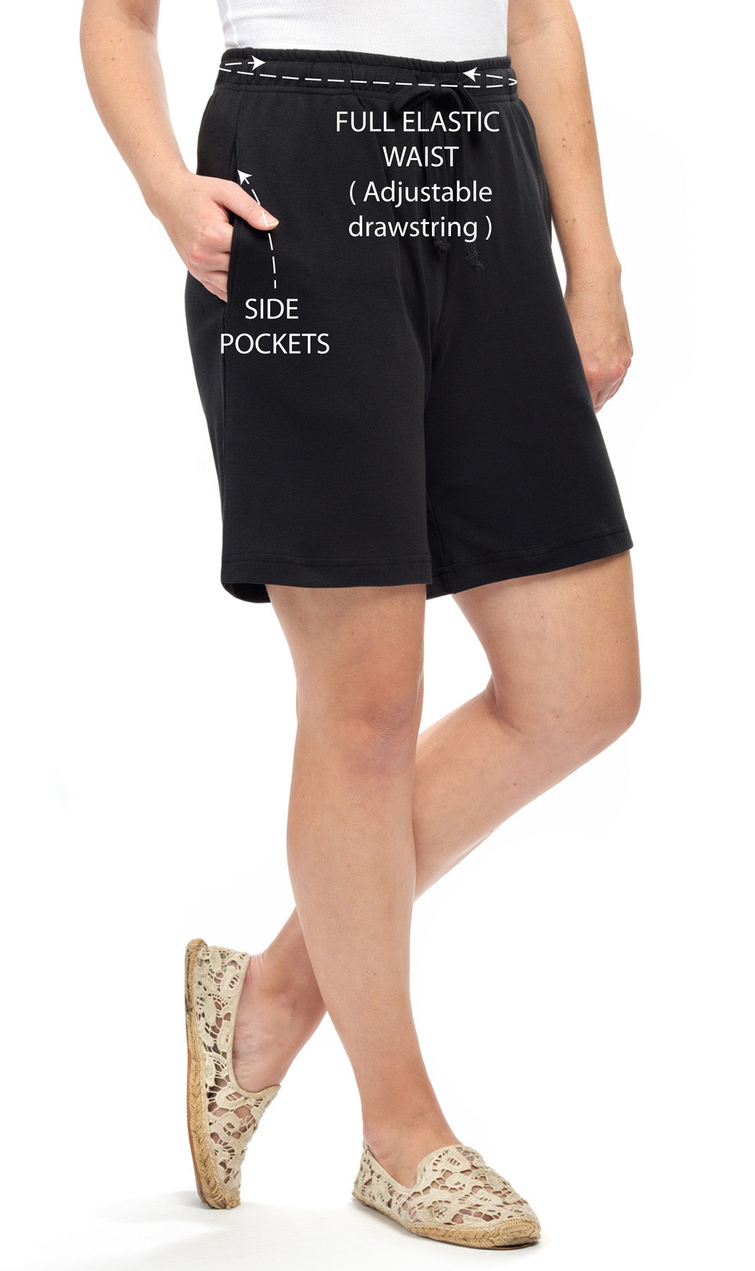 Women's 100% Cotton Interlock Knit Shorts — Elastic Waist with Drawstring