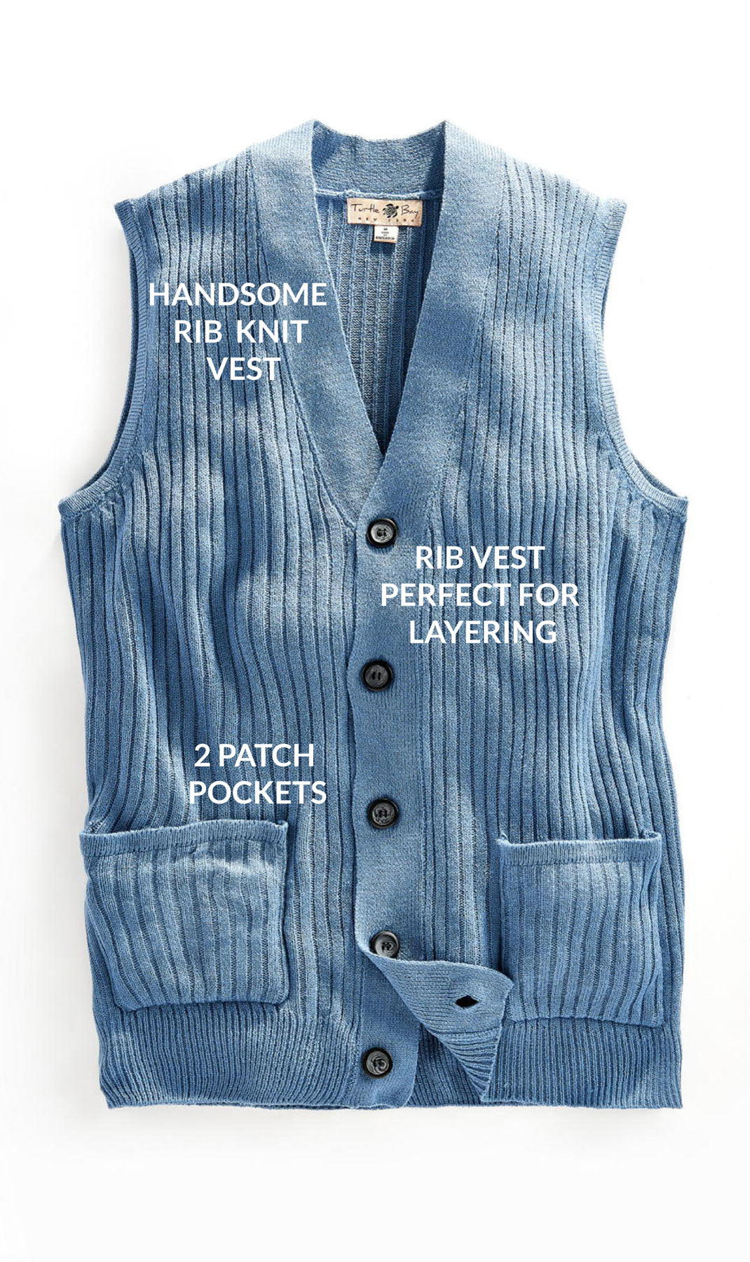 Men's Button Front Rib Knit Sweater Vest with Pockets — Relaxed Fit