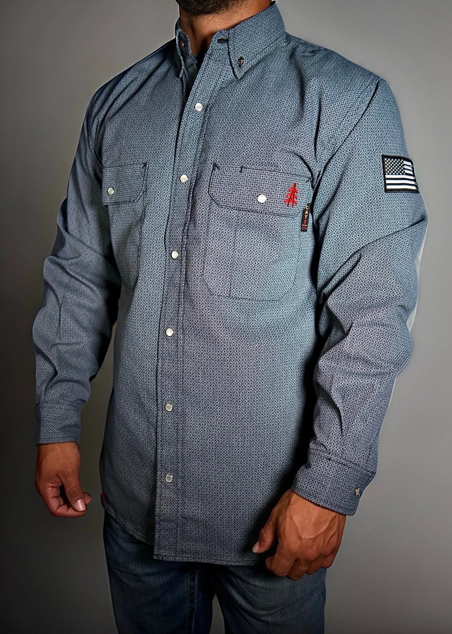 FR Pearl Snap Work Shirt - Forged Gray - With U.S Flag