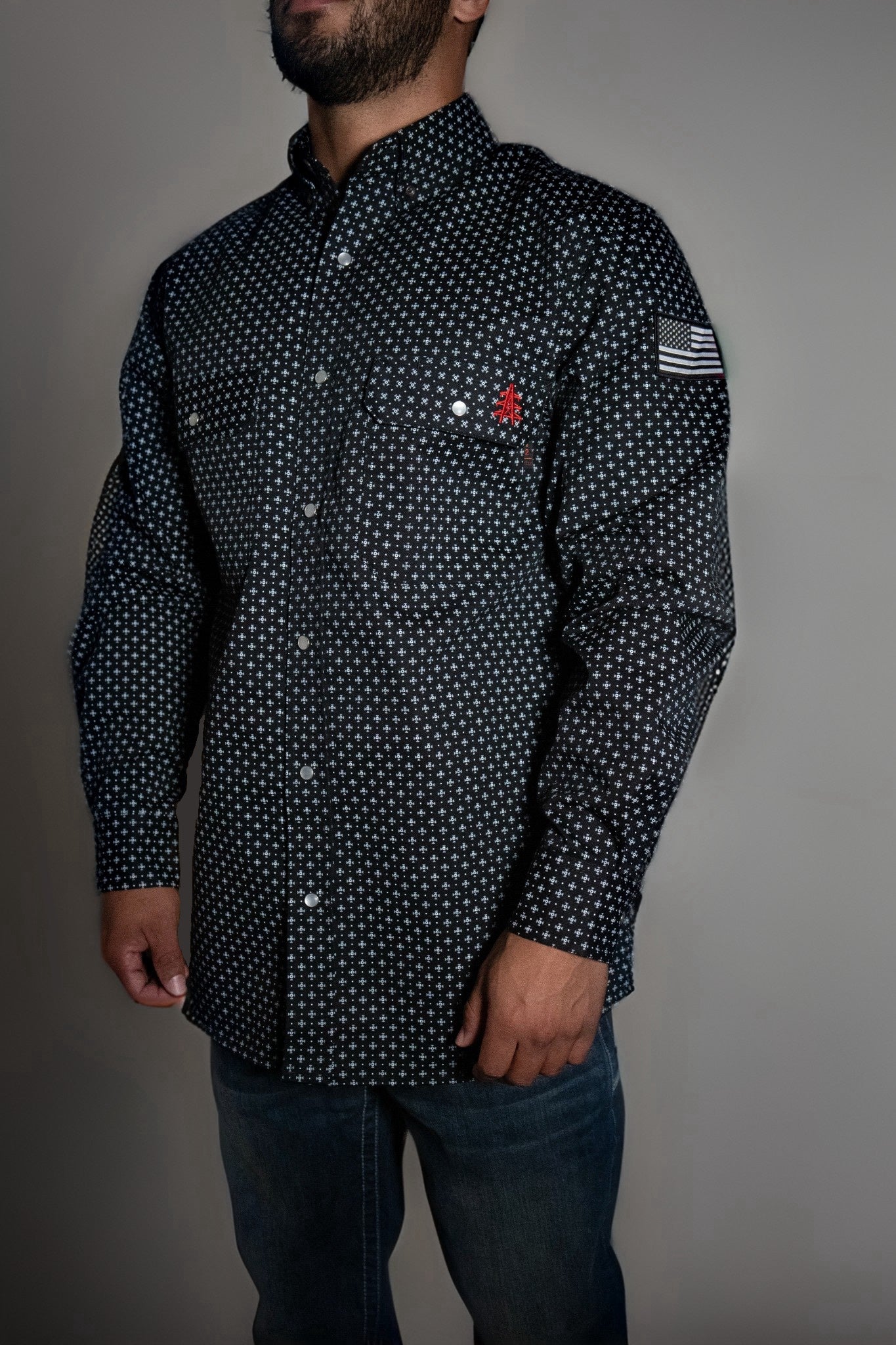 FR Pearl Snap Work Shirt - Reaper Black - With U.S Flag