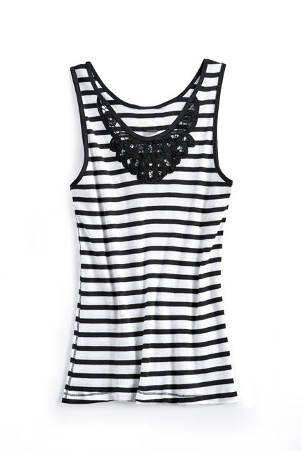 Women's Striped Sleeveless Tank Top with Crochet Lace Neckline