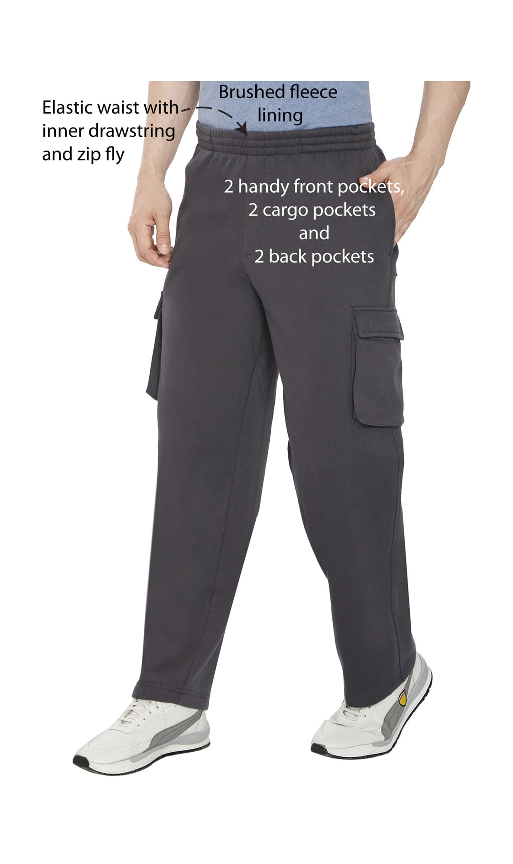 Men's Brushed Fleece Cargo Pants — Pull-On with Inner Drawstring