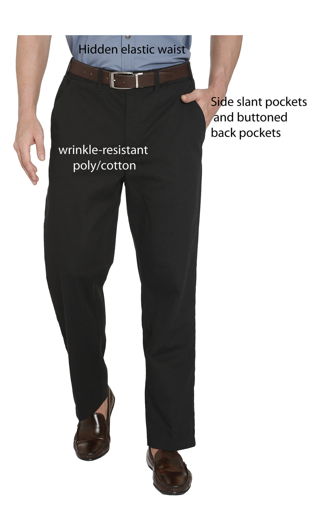 Men's Stretch Waist Chino Pants — Flat Front Hidden Elastic Waistband