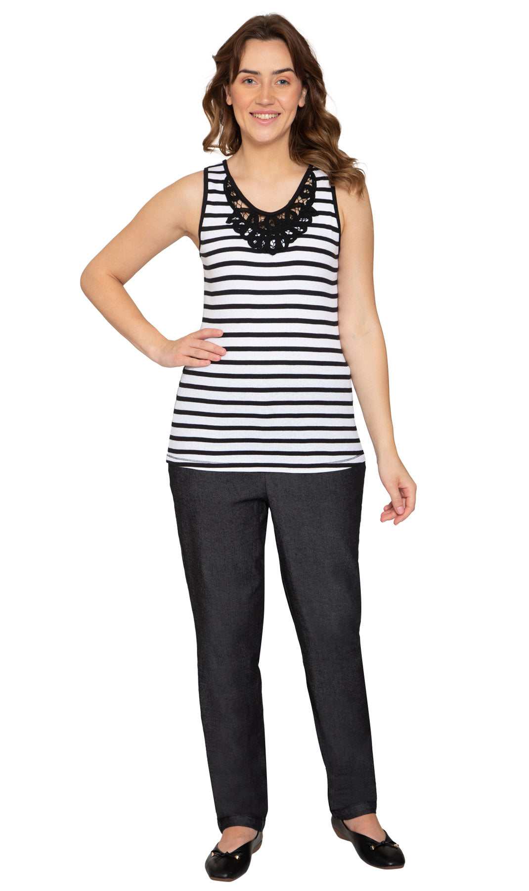 Women's Striped Sleeveless Tank Top with Crochet Lace Neckline