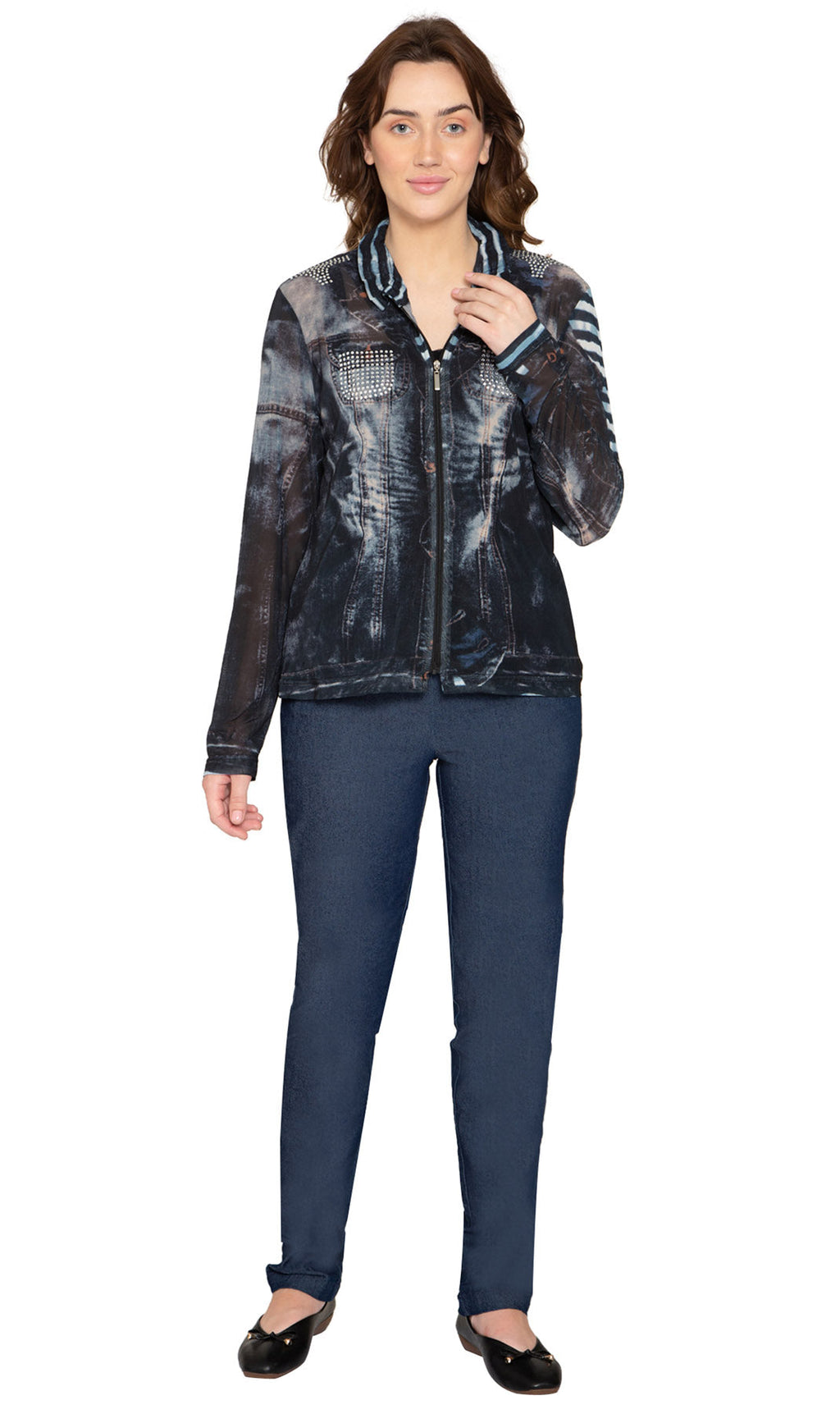 Women's Zip Front Mesh Denim Look Printed Jacket