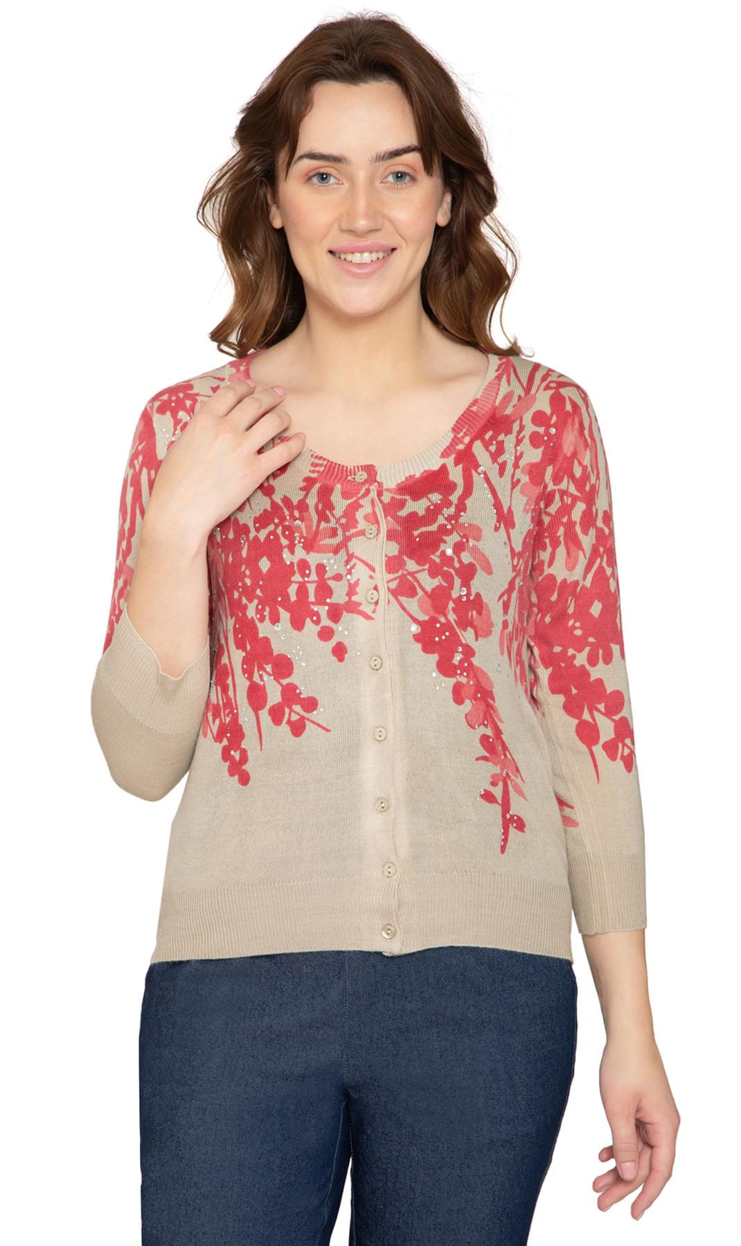 Women's 3/4 Sleeve Printed and Embellished Knit Cardigan