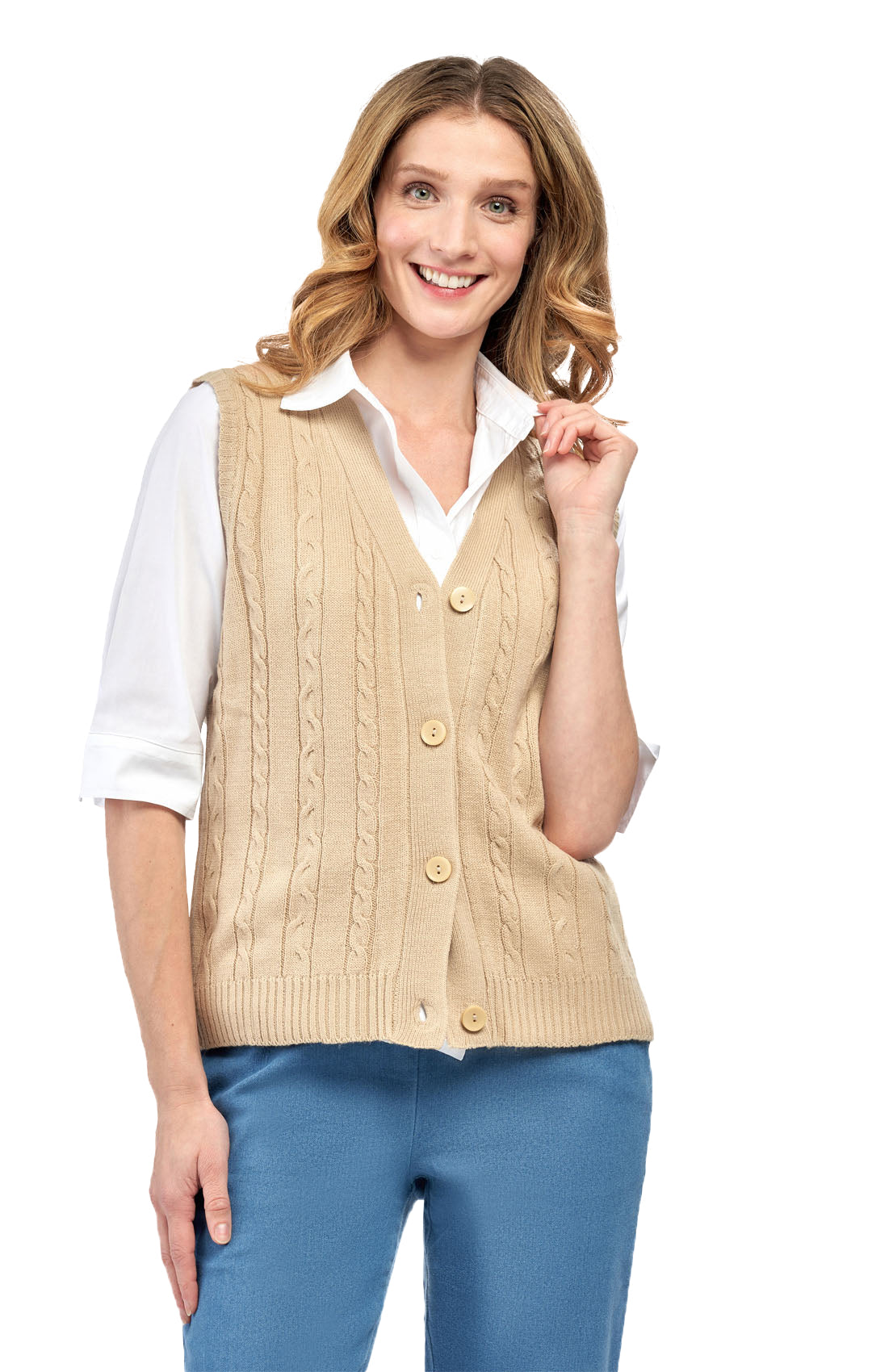 Women's Cable Knit Cardigan Sweater Vest — Button Front
