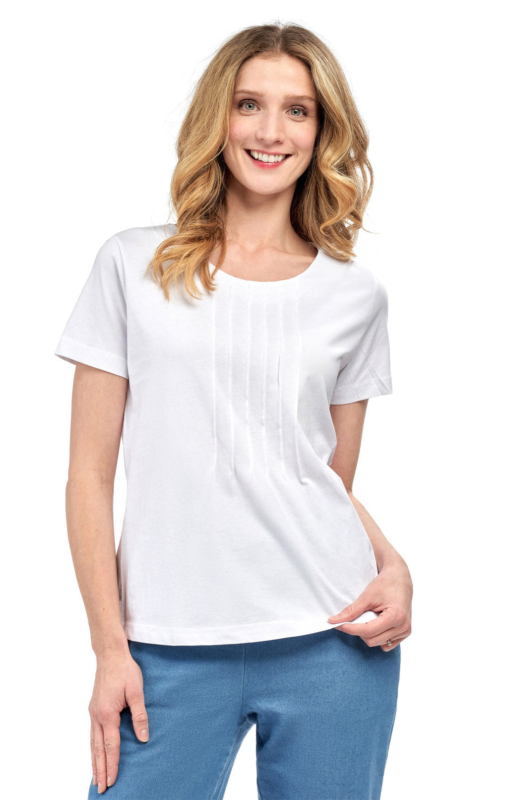 Women's Short Sleeve Pintuck Scoop Neck T-Shirt — 100% Cotton Knit