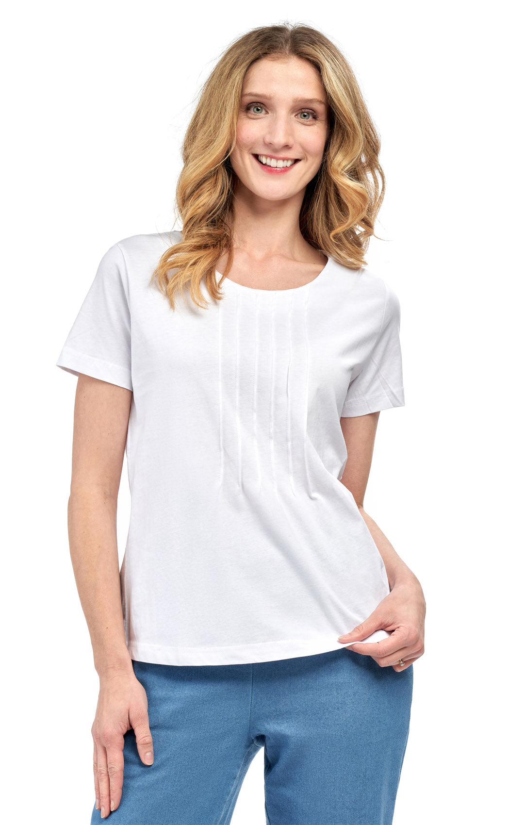 Women's Short Sleeve Pintuck Scoop Neck T-Shirt — 100% Cotton Knit