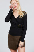 Women's Black Ribbed Knit Top Long Sleeves V-neck