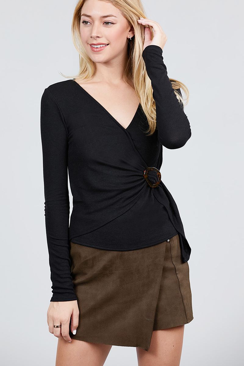 Women's Black Ribbed Knit Top Long Sleeves V-neck
