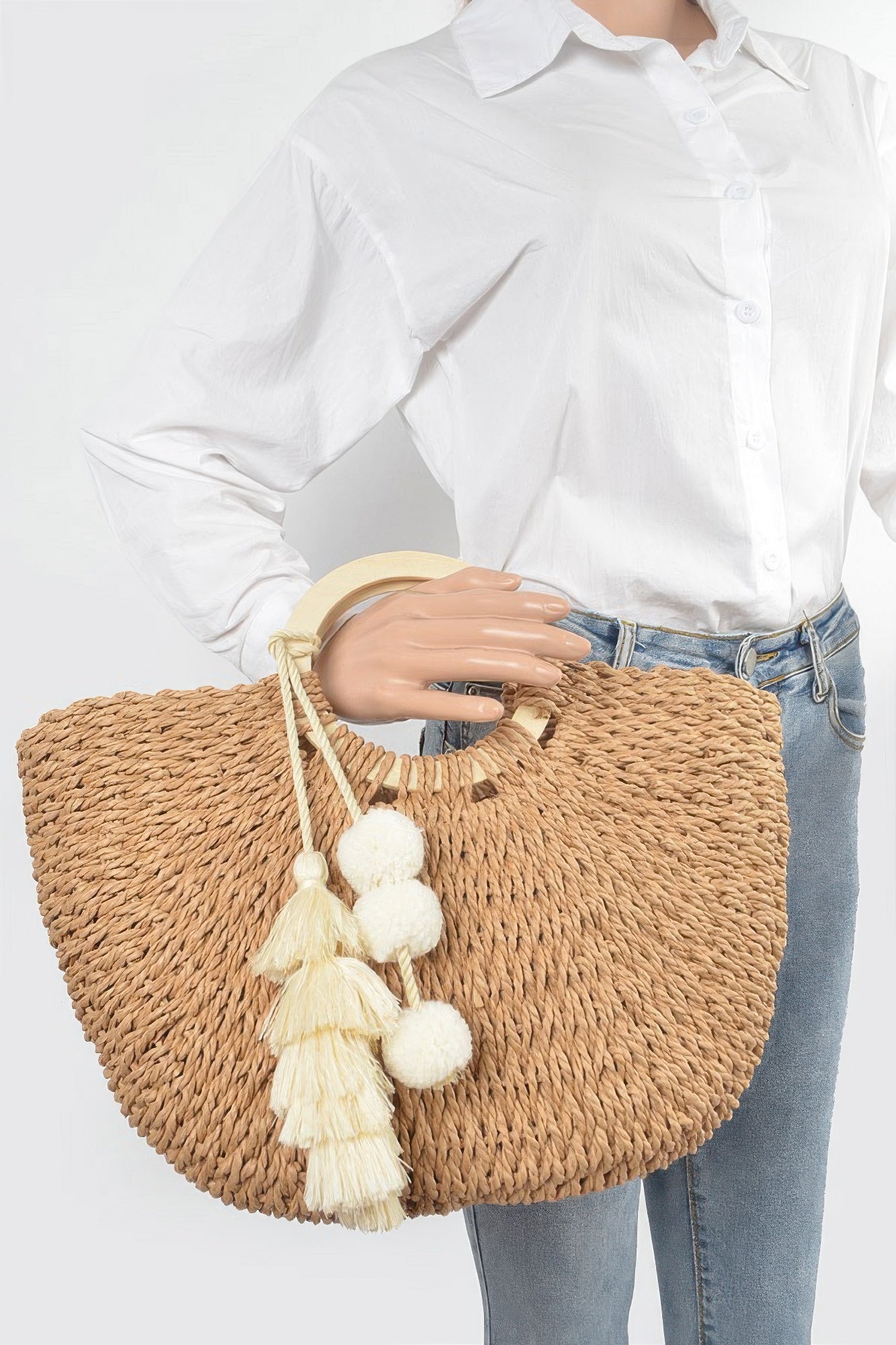 Woven Cotton Wood Handle Tote Bag