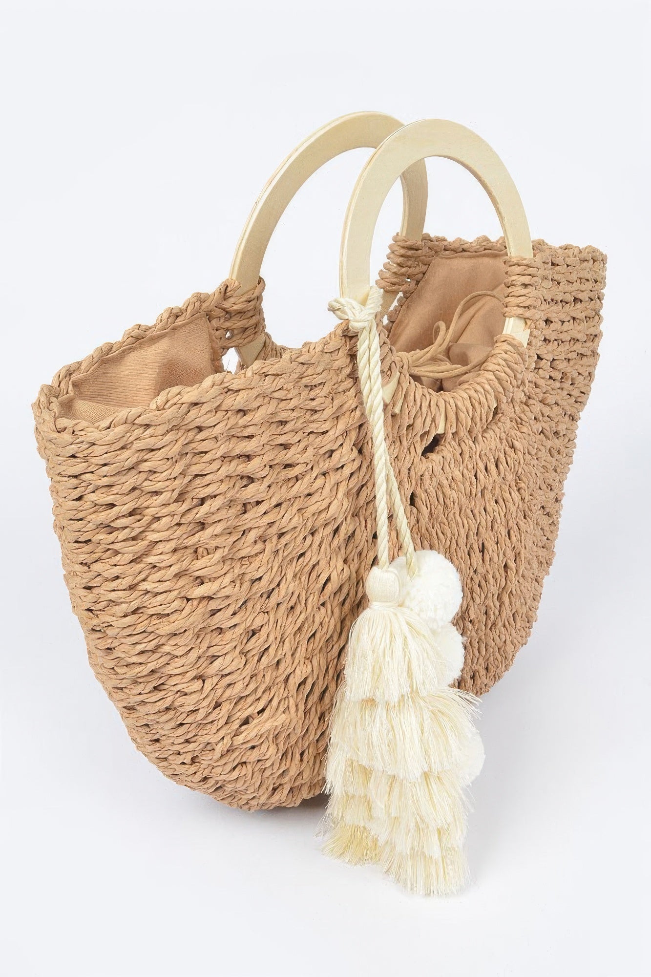 Woven Cotton Wood Handle Tote Bag