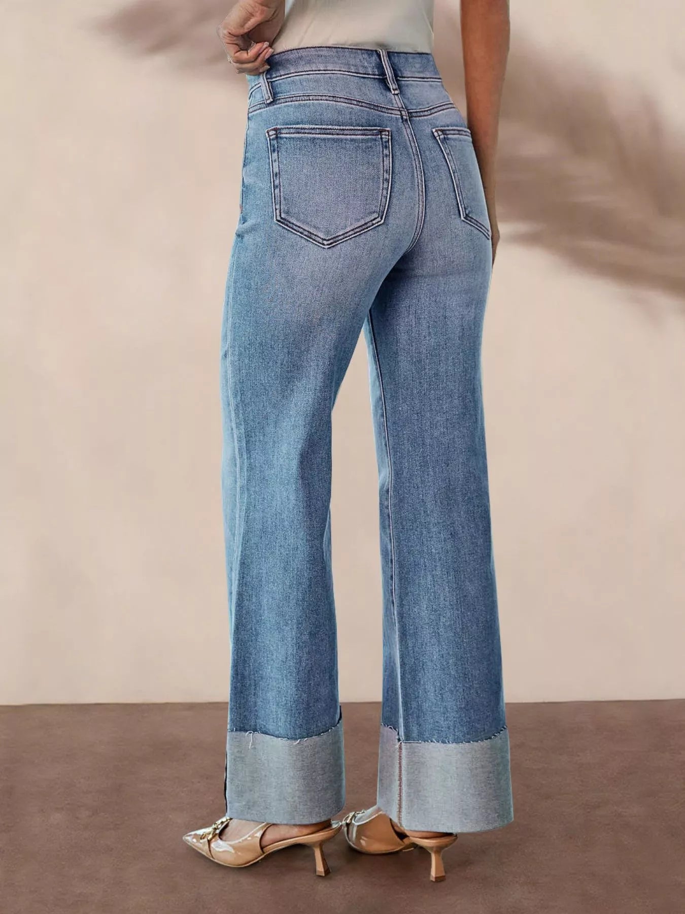Women's Distressed High-Waisted Wide Cuff Flare Jeans