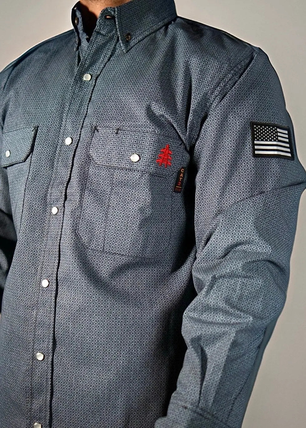 FR Pearl Snap Work Shirt - Forged Gray - With U.S Flag