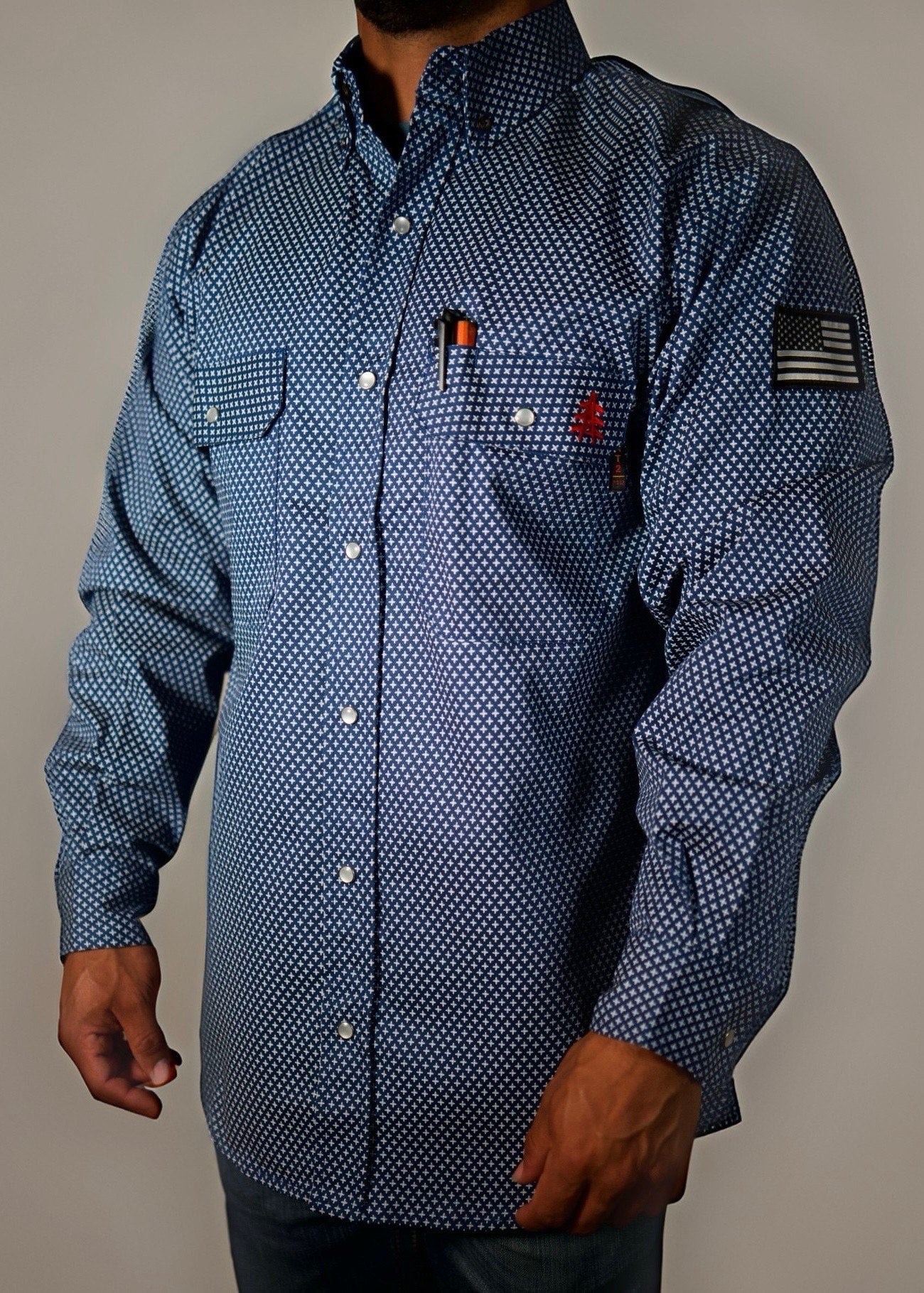 FR Pearl Snap Work Shirt - Honor Navy - With U.S Flag