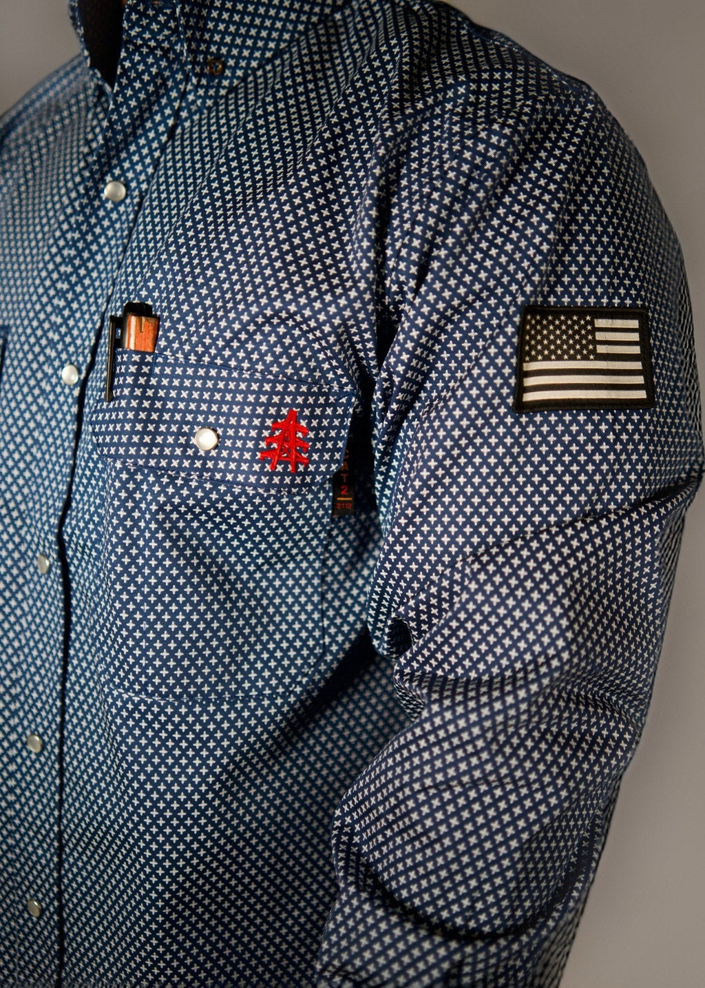 FR Pearl Snap Work Shirt - Honor Navy - With U.S Flag