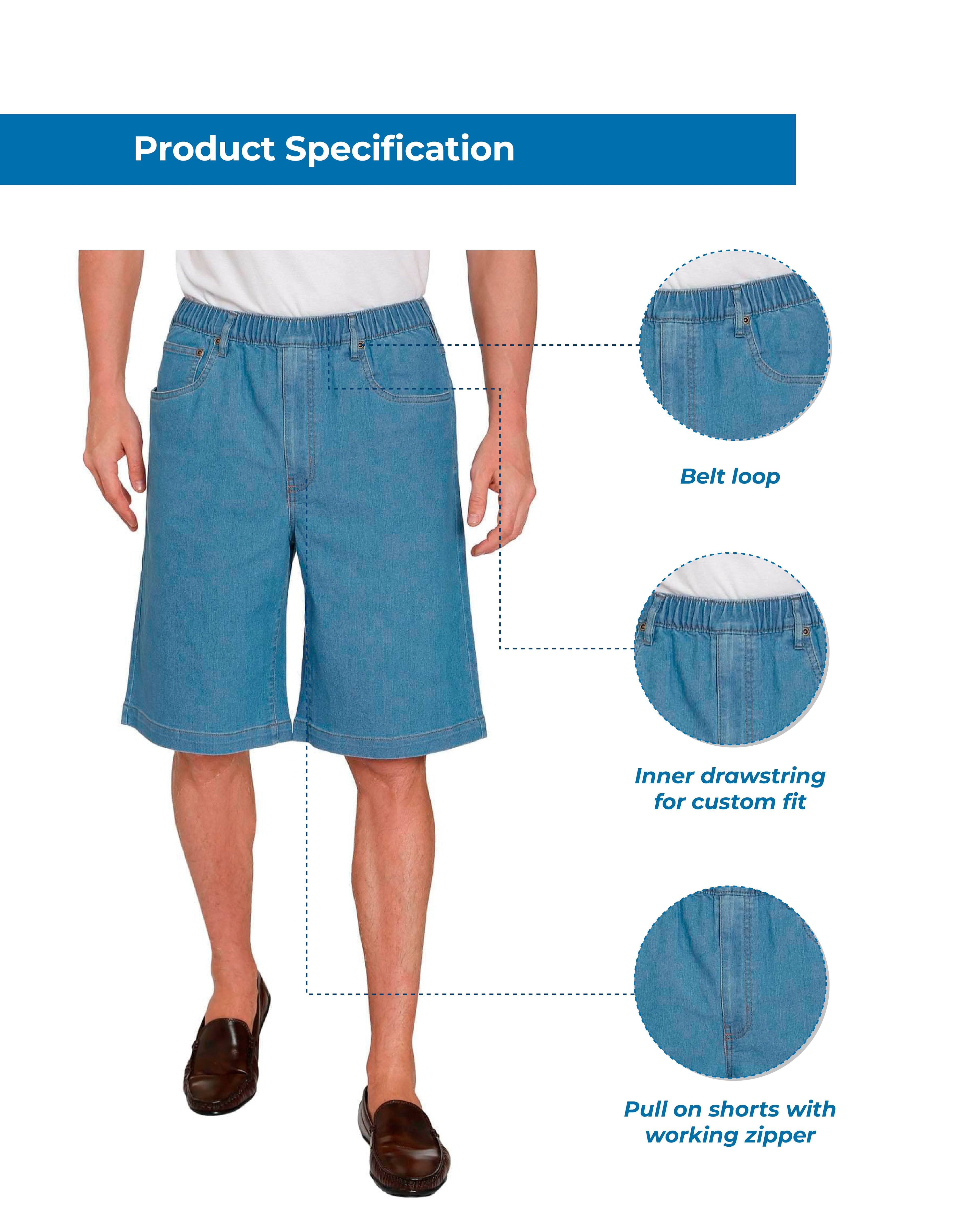 Men's Pull-On Stretch Denim and Twill Shorts — Elastic Waist No Zipper