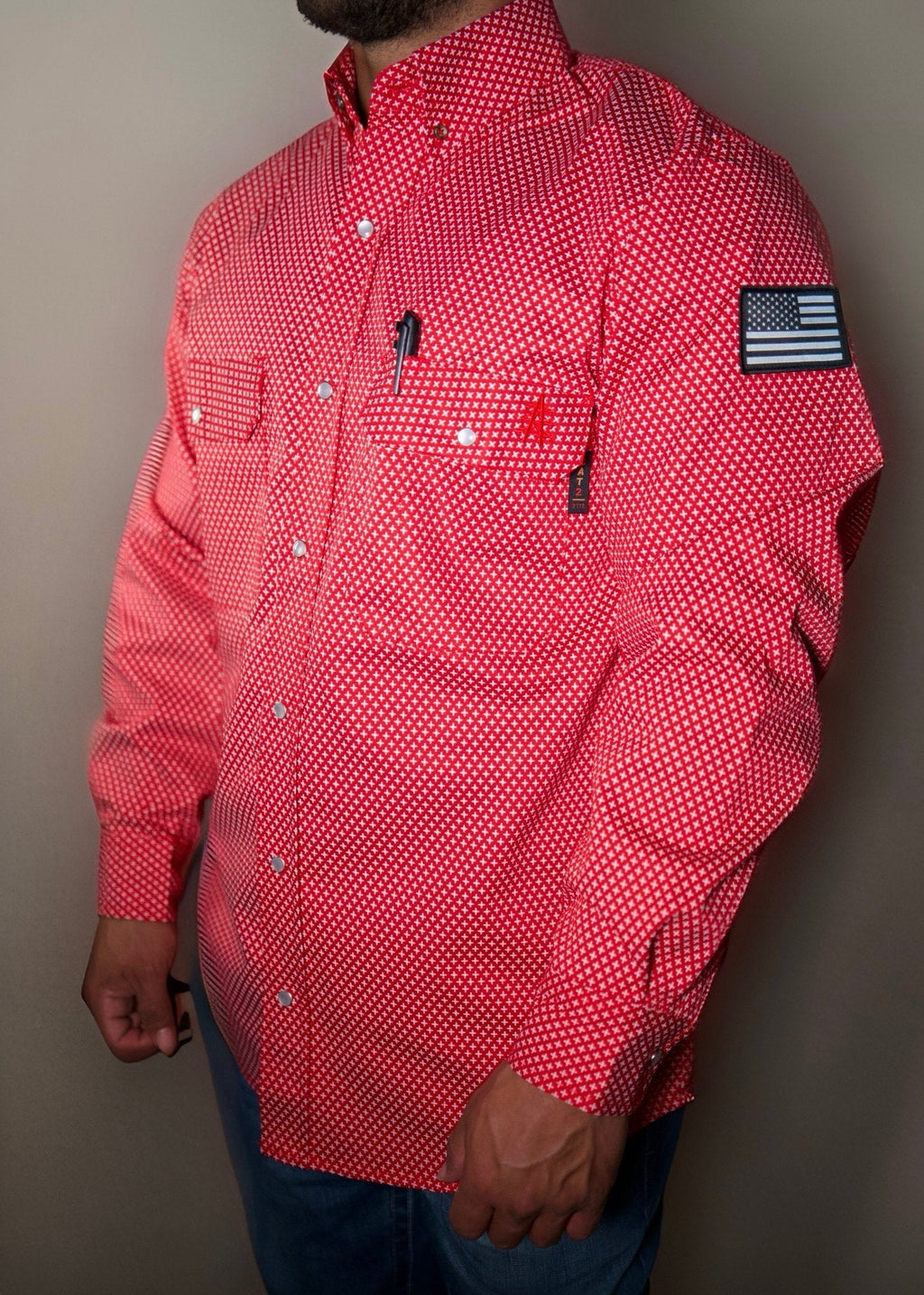 FR Pearl Snap Work shirt - Alpha Red - With U.S Flag