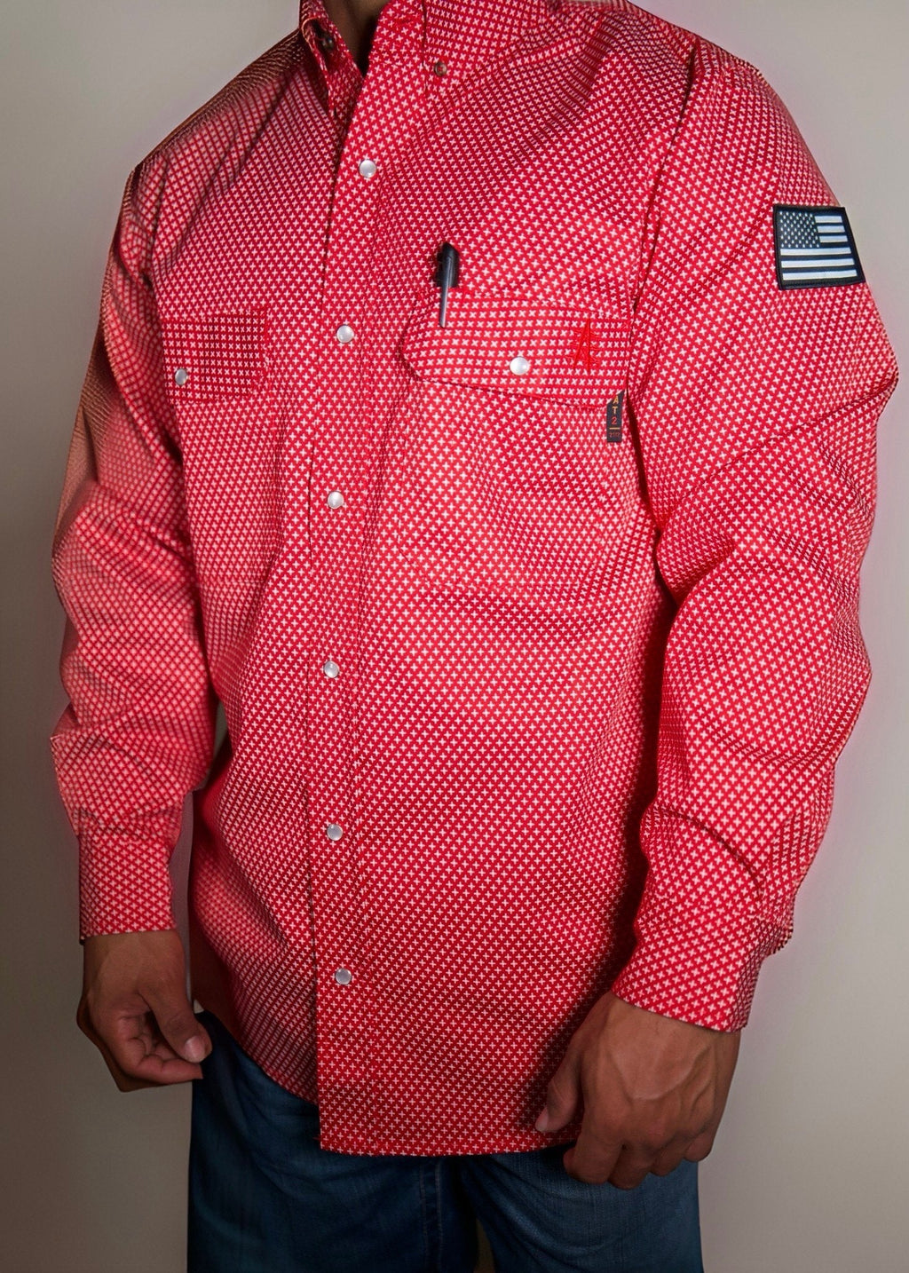 FR Pearl Snap Work shirt - Alpha Red - With U.S Flag
