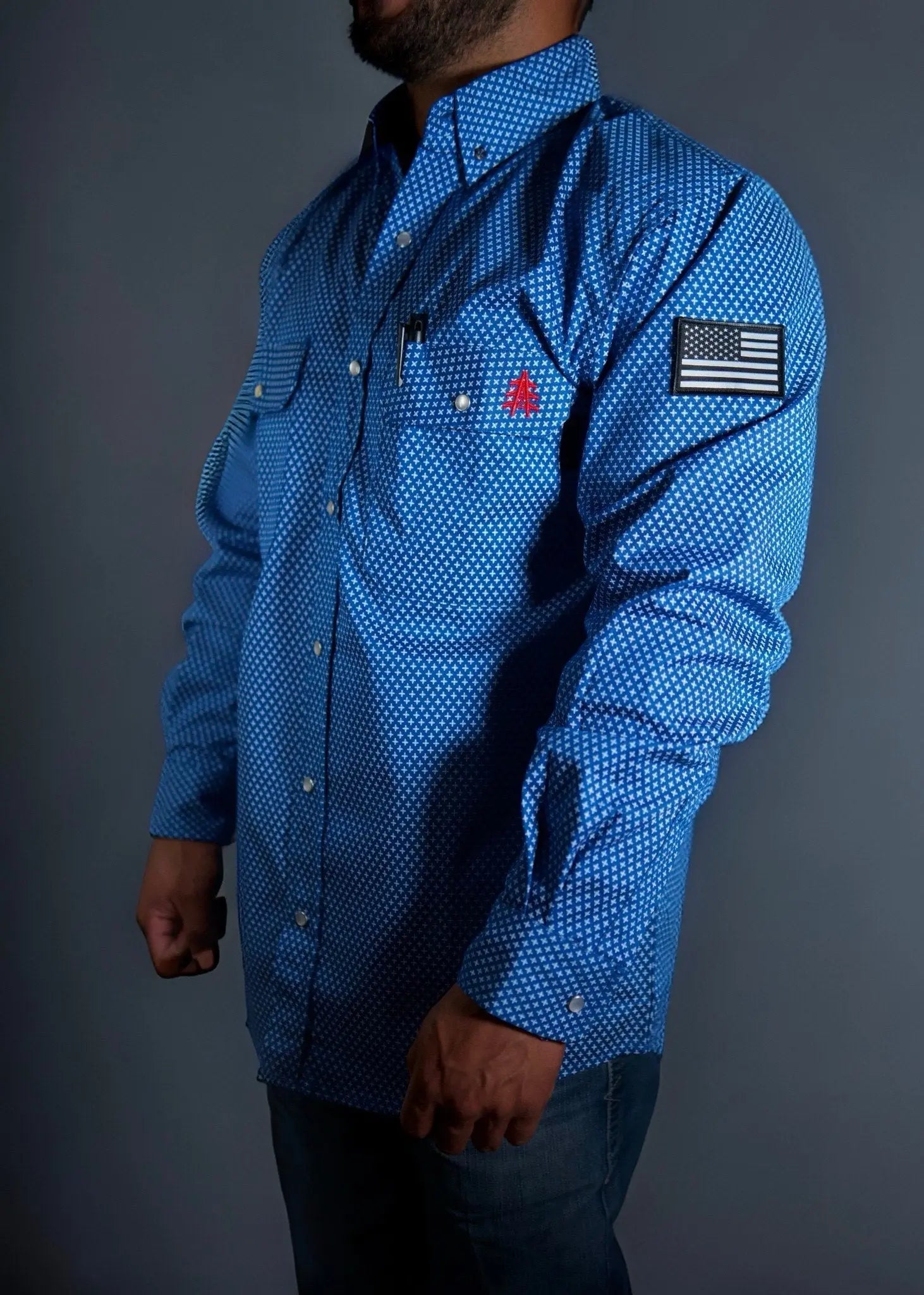 FR Pearl Snap Work Shirt - Royal Blue - With U.S Flag